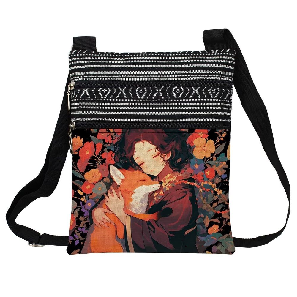 Floral Fox Messenger Bag Small Ethnic Pattern Printed Adjustable Strap XD